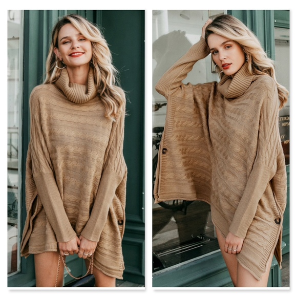 Khaki Cable Knit Turtleneck Poncho - Picture 5 of 8